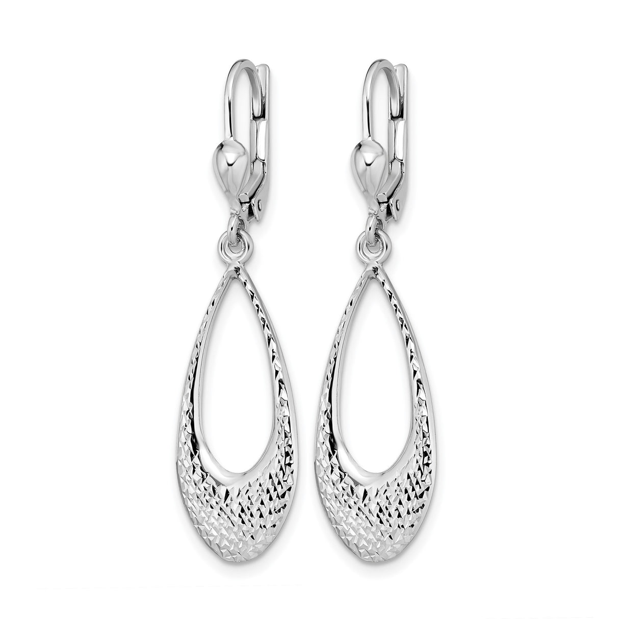 10k White Gold Dangle Earrings with Teardrop Design and Diamond-Cut Texture Leverbacks