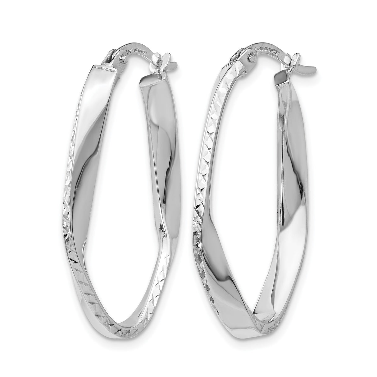 10k White Gold Twisted Hoop Earrings with Diamond Cut Accents, Oval Shape, Lightweight Design