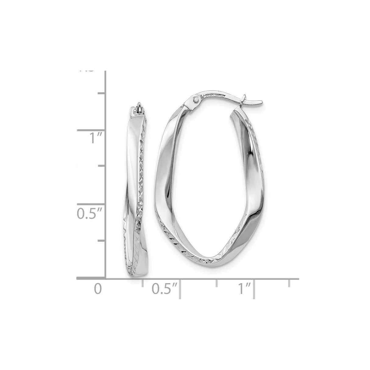 10k White Gold Twisted Hoop Earrings with Diamond Cut Accents, Oval Shape, Lightweight Design