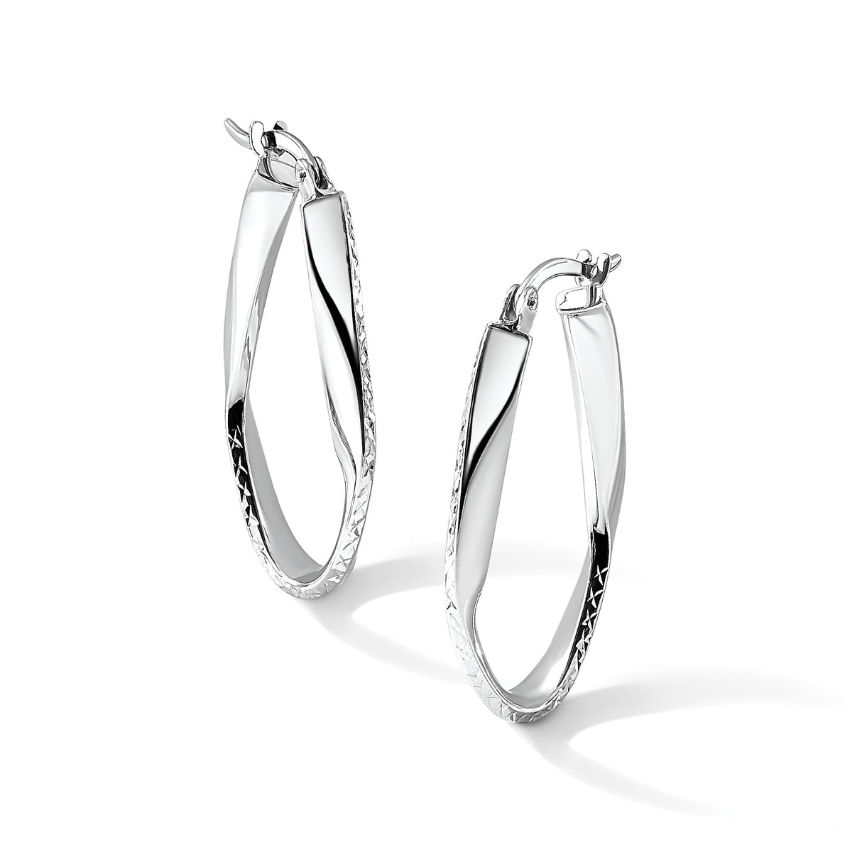 10k White Gold Twisted Hoop Earrings with Diamond Cut Accents, Oval Shape, Lightweight Design