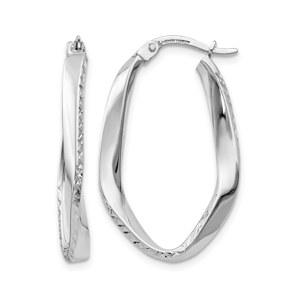 10k White Gold Twisted Hoop Earrings with Diamond Cut Accents, Oval Shape, Lightweight Design