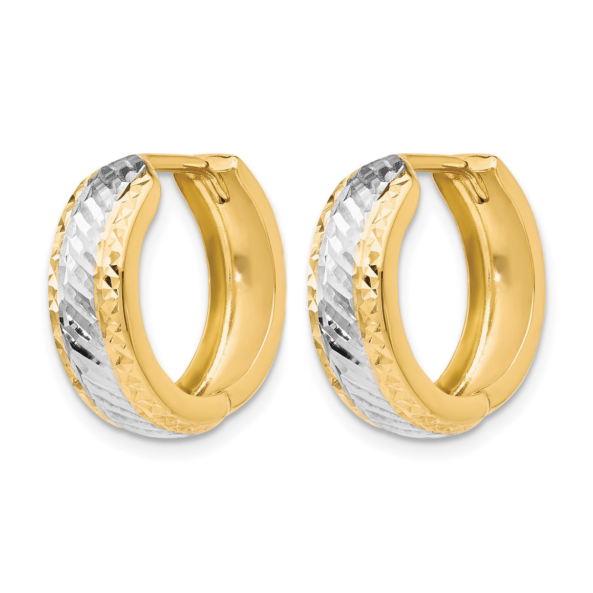 10k Yellow Gold Hoop Earrings, Diamond-Cut Textured Two-Tone Rhodium Design for Women