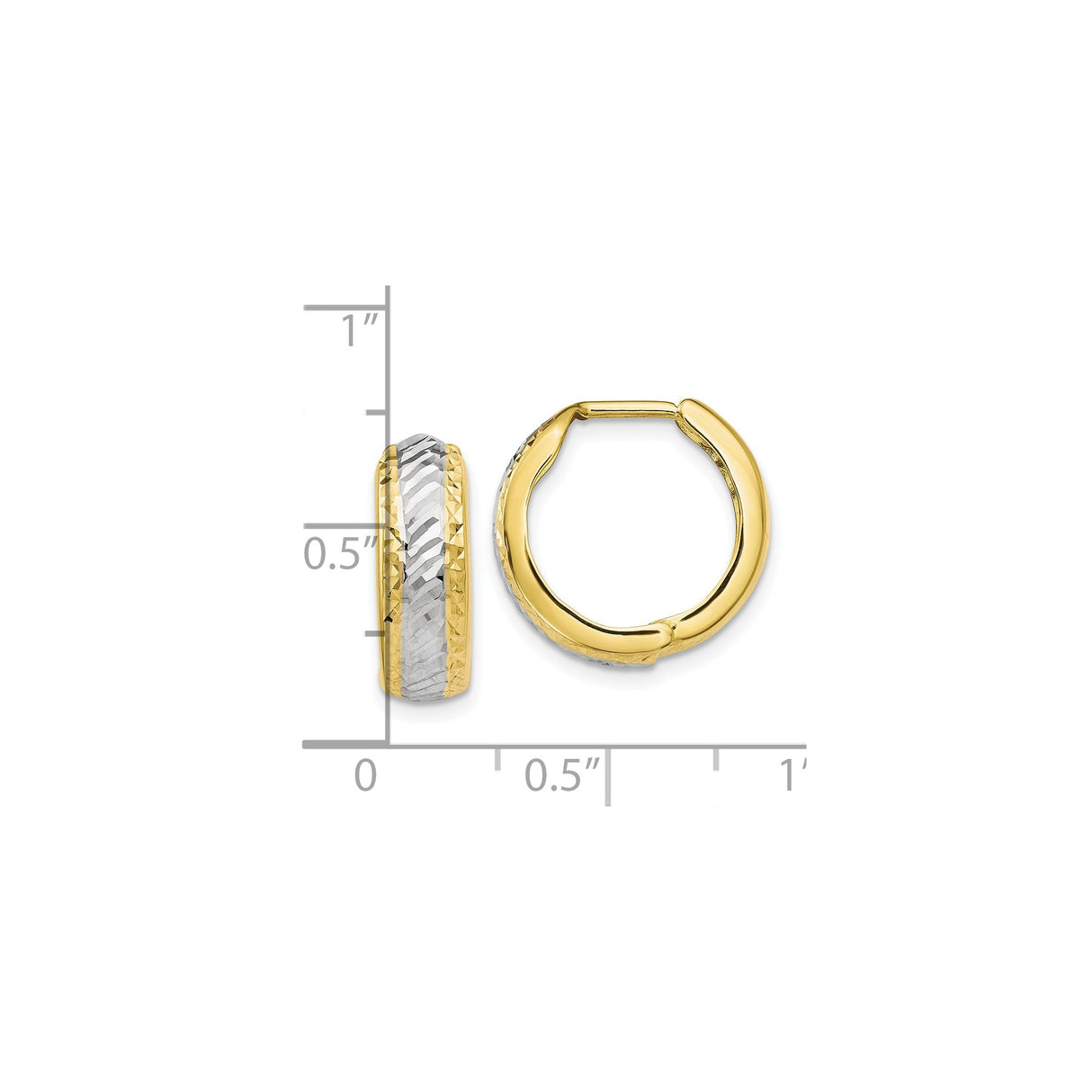10k Yellow Gold Hoop Earrings, Diamond-Cut Textured Two-Tone Rhodium Design for Women