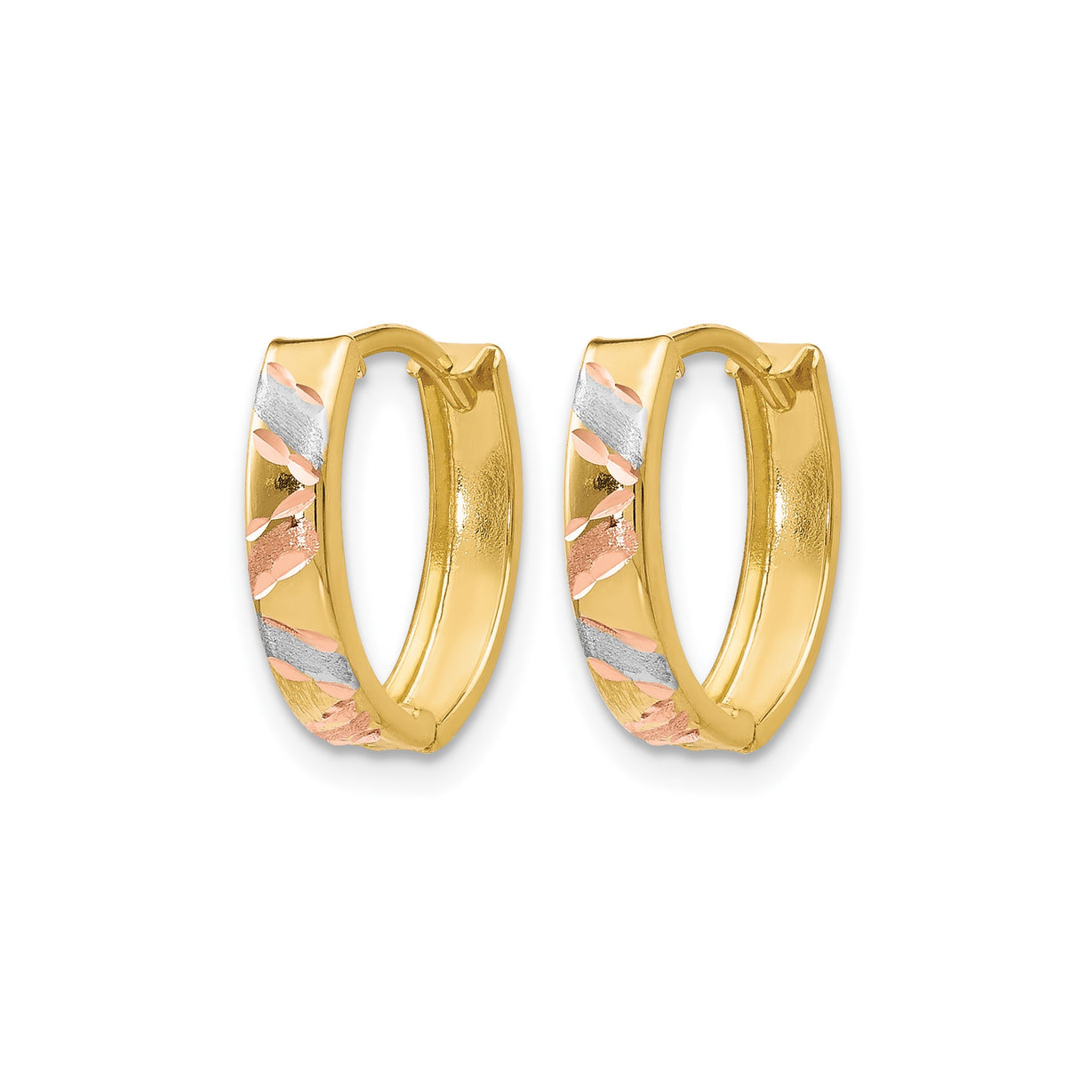 10k Yellow Gold Hoop Earrings with Rhodium and Rose Gold Accents, Diamond Cut Leaf Pattern, Satin Finish