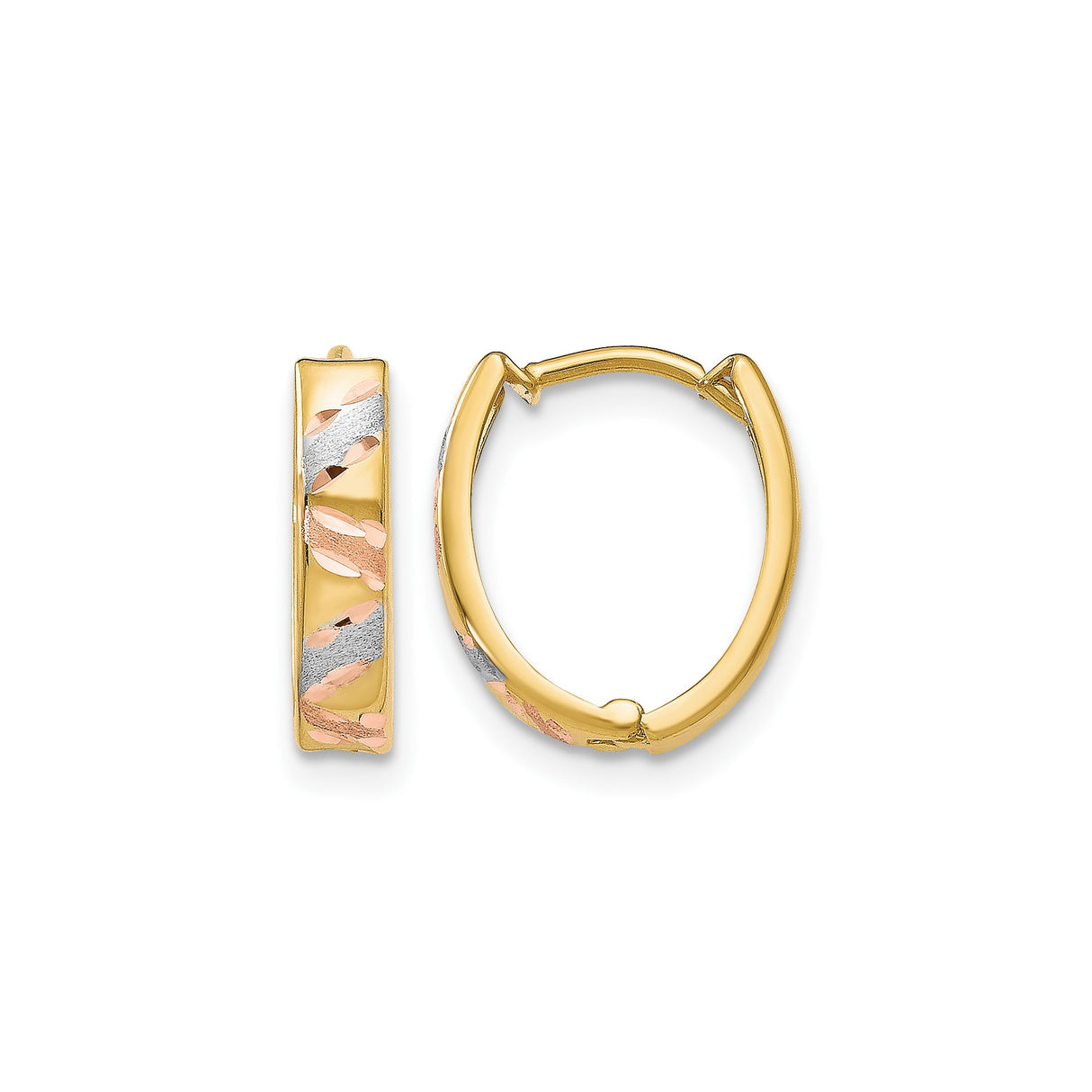 10k Yellow Gold Hoop Earrings with Rhodium and Rose Gold Accents, Diamond Cut Leaf Pattern, Satin Finish