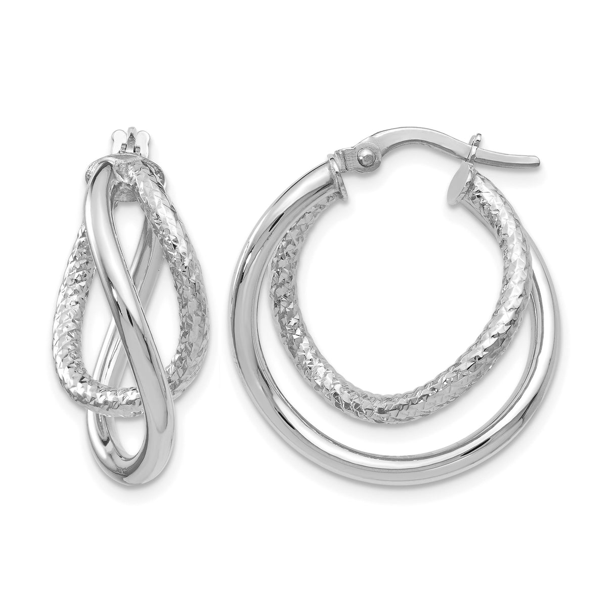 10k White Gold Hoop Earrings, Twisted Double Loop Design, Polished and Textured Finish