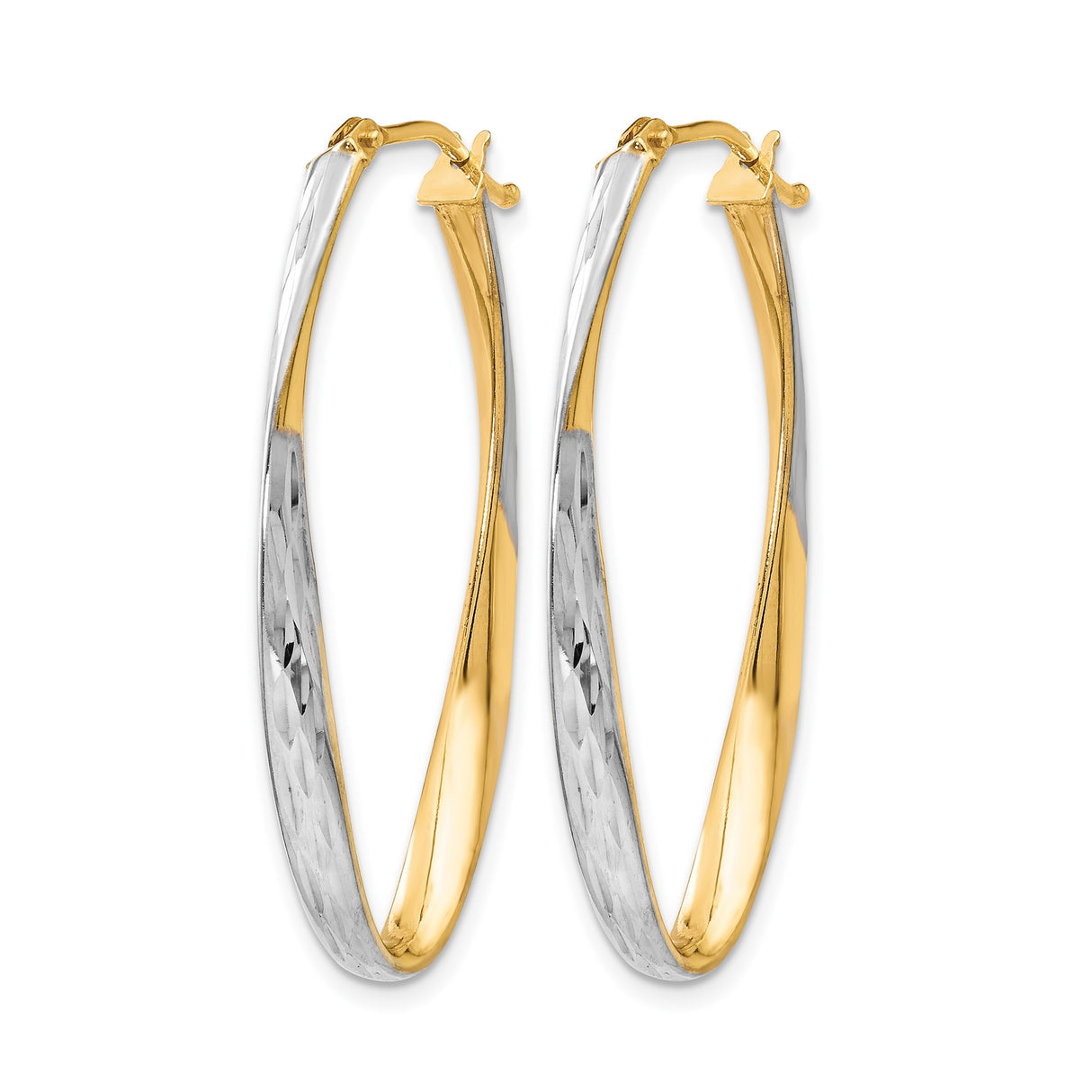 10k Yellow Gold Twisted Oval Hoop Earrings, Rhodium Finish, Diamond Cut Two-Tone Design