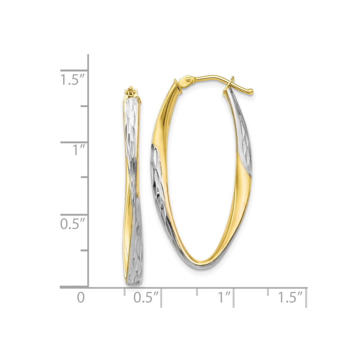 10k Yellow Gold Twisted Oval Hoop Earrings, Rhodium Finish, Diamond Cut Two-Tone Design