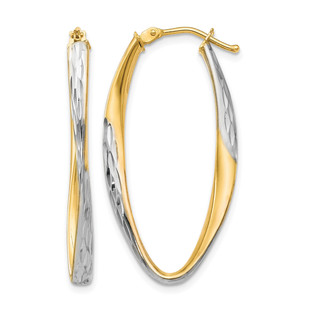 10k Yellow Gold Twisted Oval Hoop Earrings, Rhodium Finish, Diamond Cut Two-Tone Design