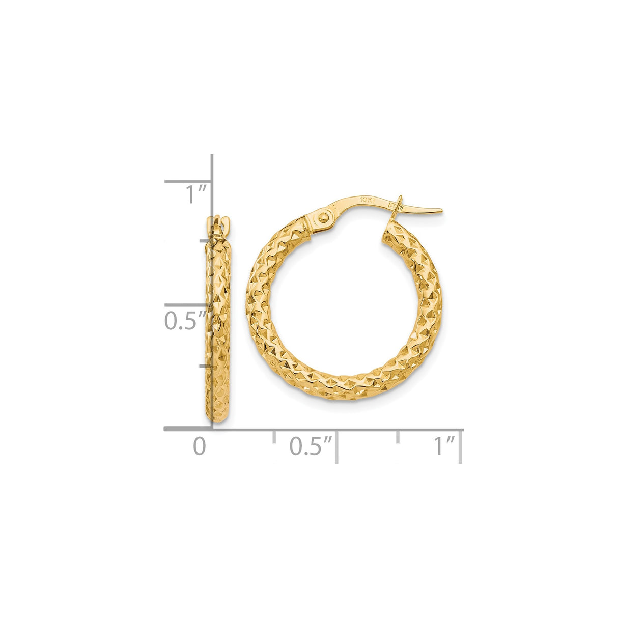 10k Yellow Gold Hoop Earrings, Textured Diamond Cut Finish, Classic Round Design for Women
