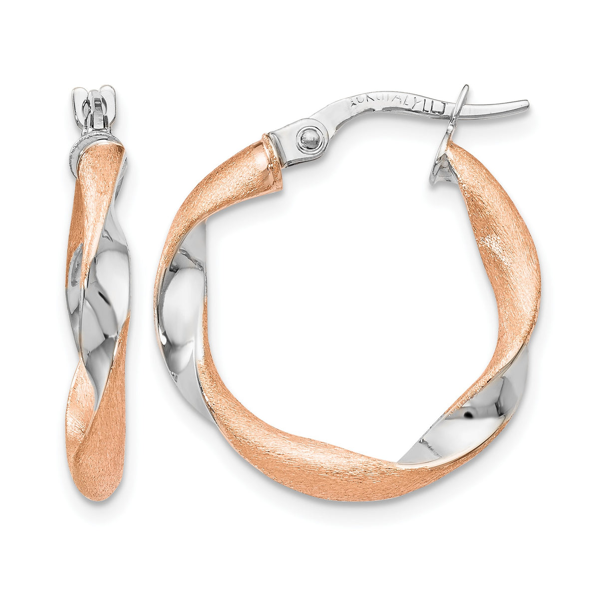 10k Yellow Gold Twisted Hoop Earrings, Rhodium Two-Tone Satin and Polished Finish, Lightweight Design
