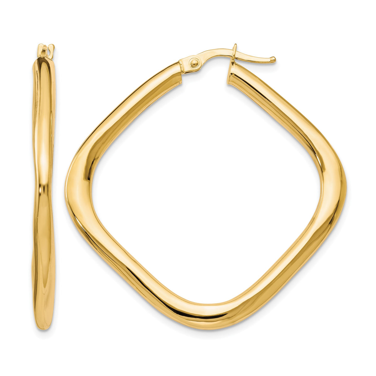10k Yellow Gold Hoop Earrings, Twisted Square Design, Polished Finish, Modern Geometric Style