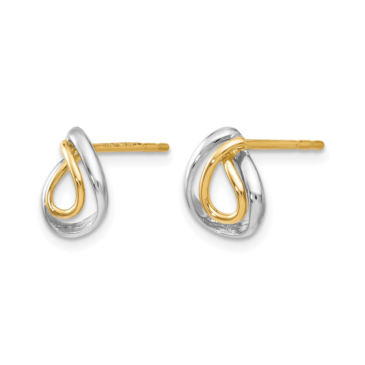 10k Yellow Gold Teardrop Knot Stud Earrings, Two-Tone Rhodium Plated, Modern Minimalist Style