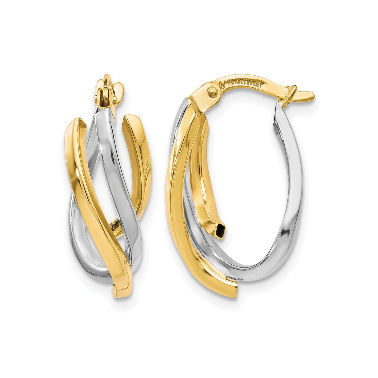 10k Two-Tone Gold Twisted Hoop Earrings, Interwoven Yellow and White Gold Hoops for Women