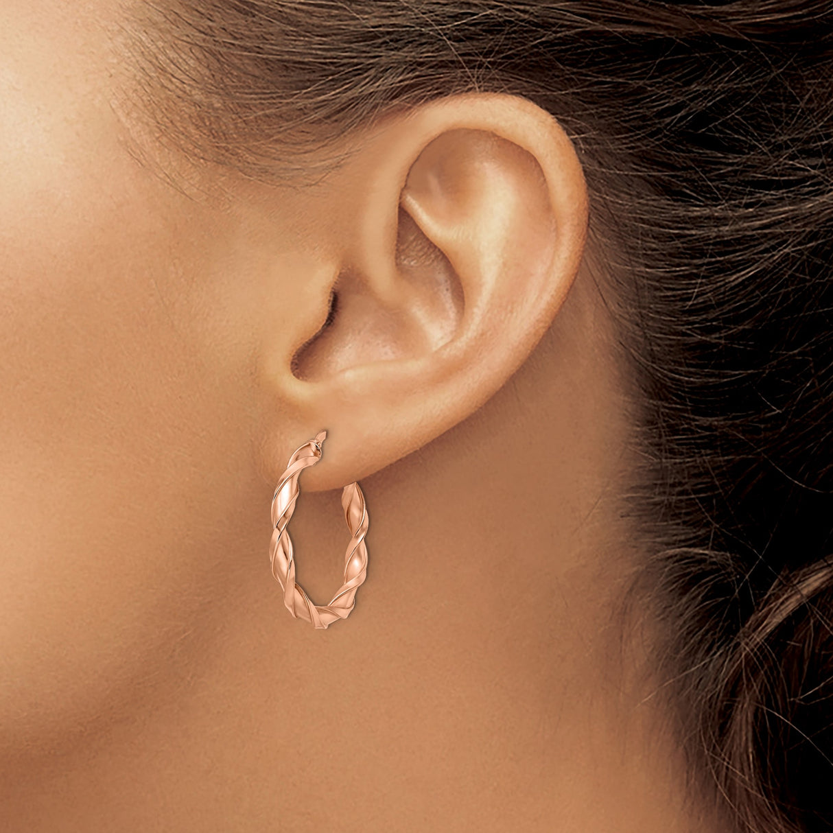 10k Rose Gold Twisted Hoop Earrings with Braided Texture and Polished Finish for Women