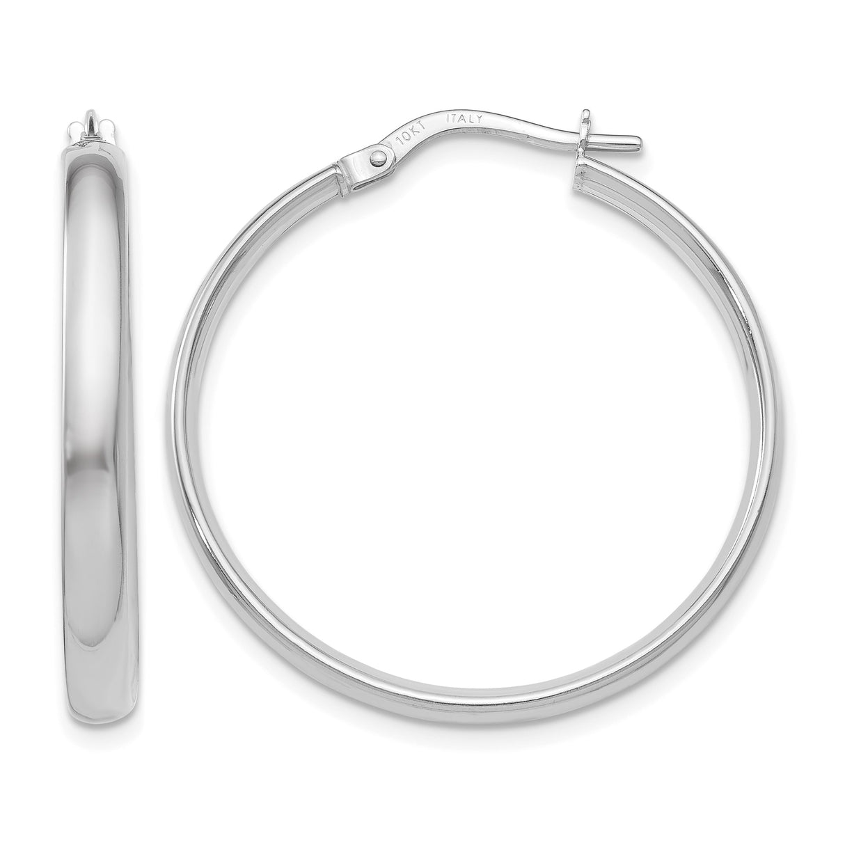 10k White Gold Hoop Earrings, Classic Italian Made Round Hoops with Hinged Closure