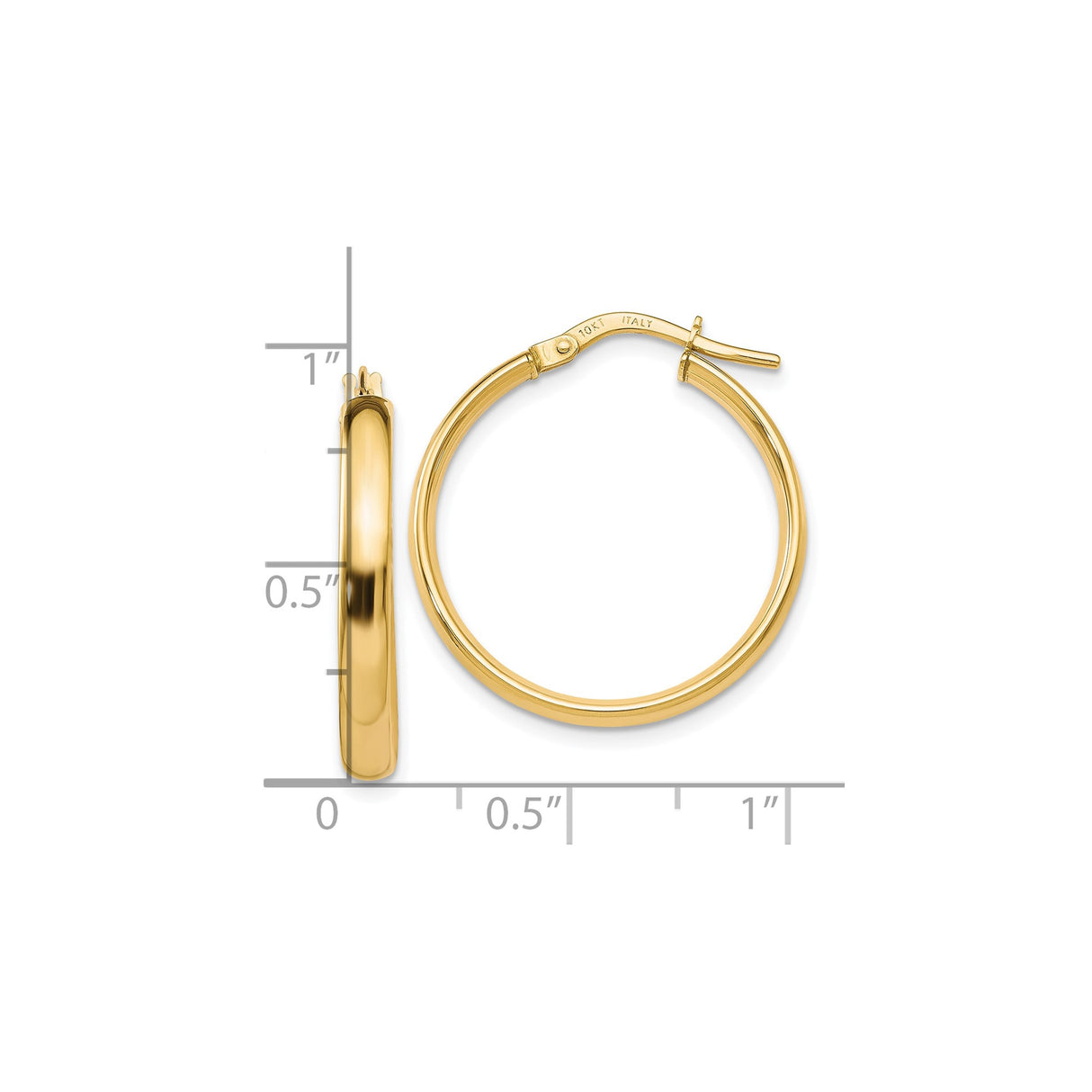 10k Yellow Gold Hoop Earrings, Italian Made Polished Round Hoops with Hinged Clasp