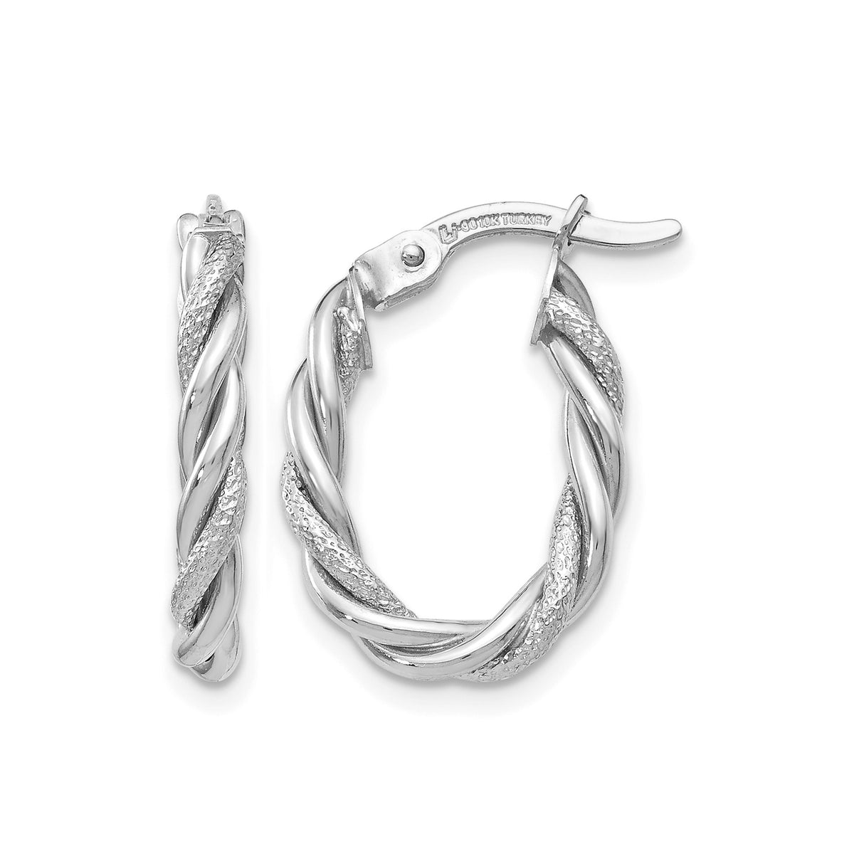 10k White Gold Hoop Earrings with Twisted Braided Texture, Lightweight Oval Design