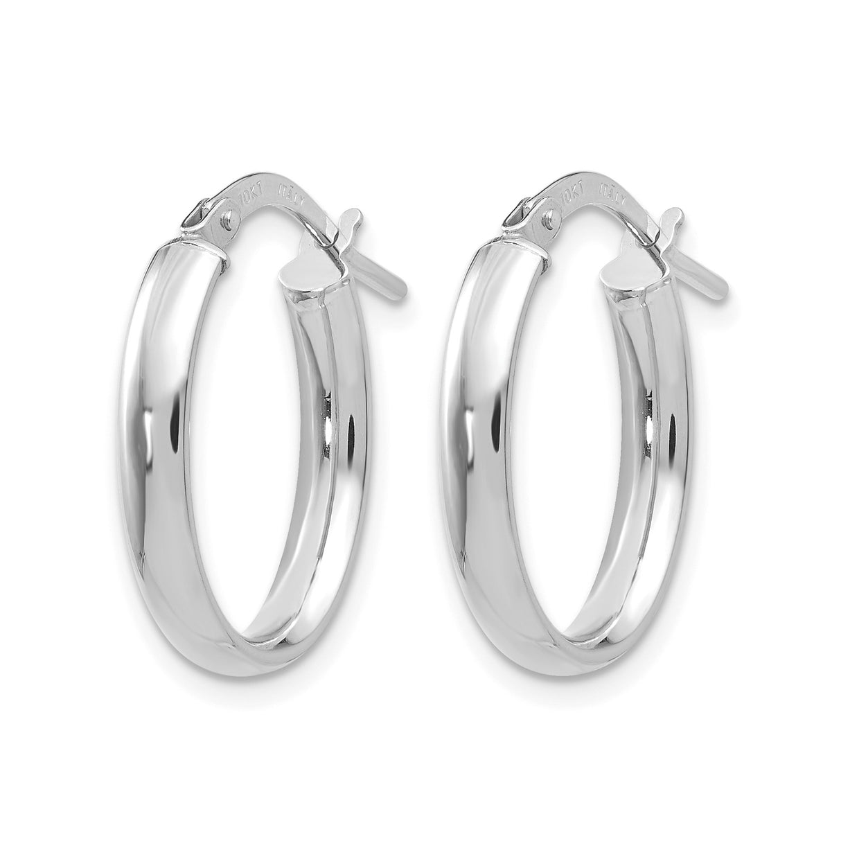 10k White Gold Hoop Earrings, Classic Round Design with Latch Back Closure, Polished Finish