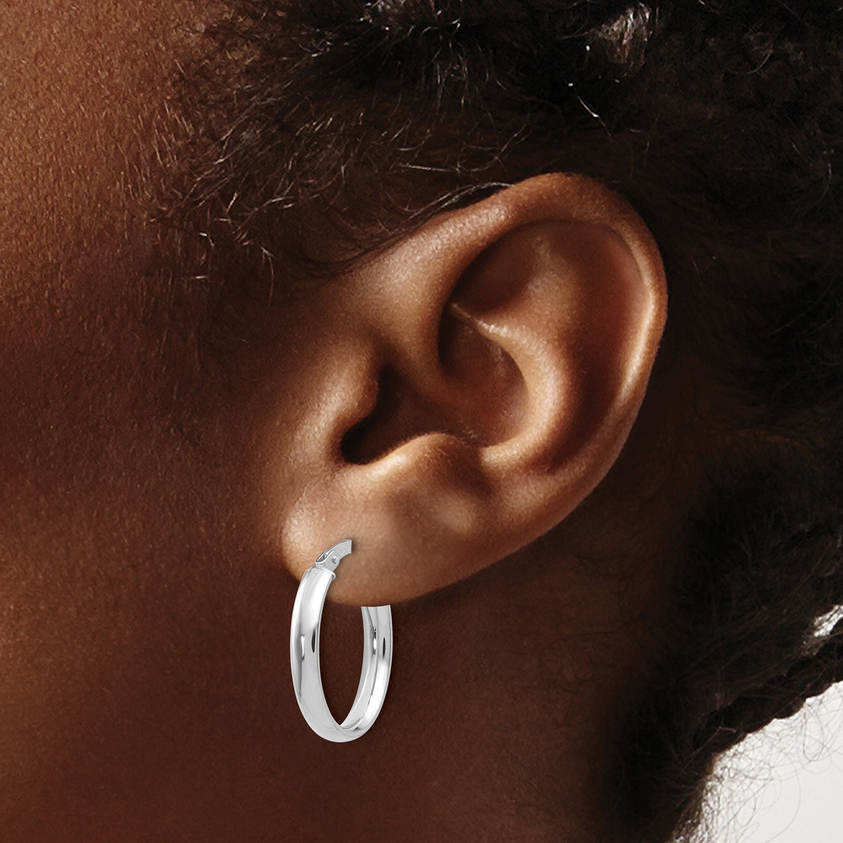 10k White Gold Hoop Earrings, Classic Round Design with Latch Back Closure, Polished Finish