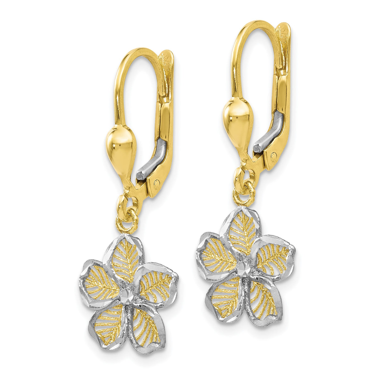 10k Yellow Gold Leverback Earrings with Rhodium Floral Design and Botanical Detailing for Women