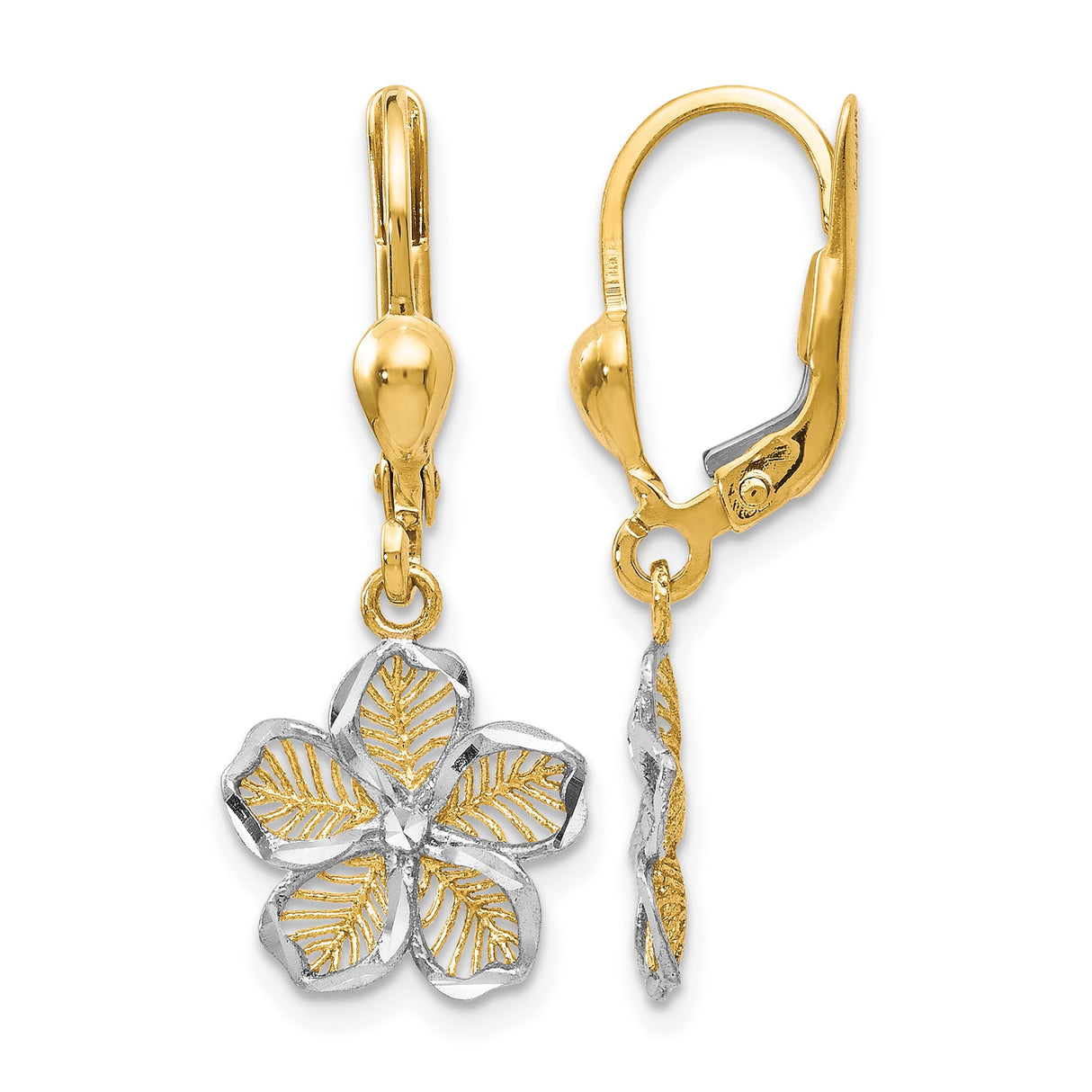 10k Yellow Gold Leverback Earrings with Rhodium Floral Design and Botanical Detailing for Women