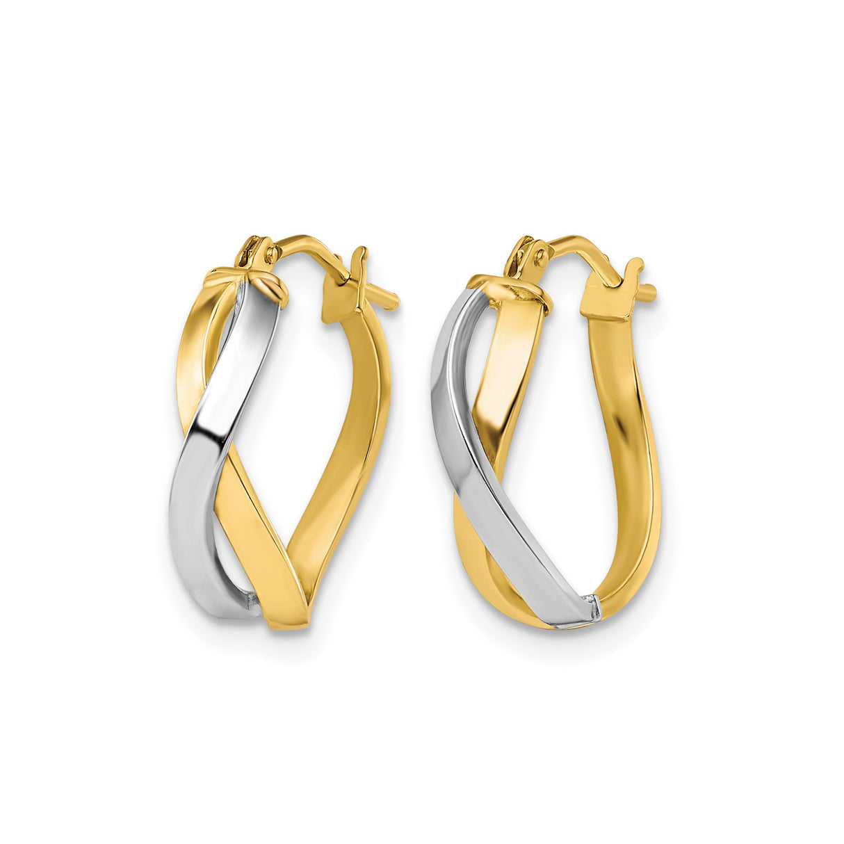 10k Yellow Gold Twisted Hoop Earrings, Two-Tone Infinity Design, Polished Finish