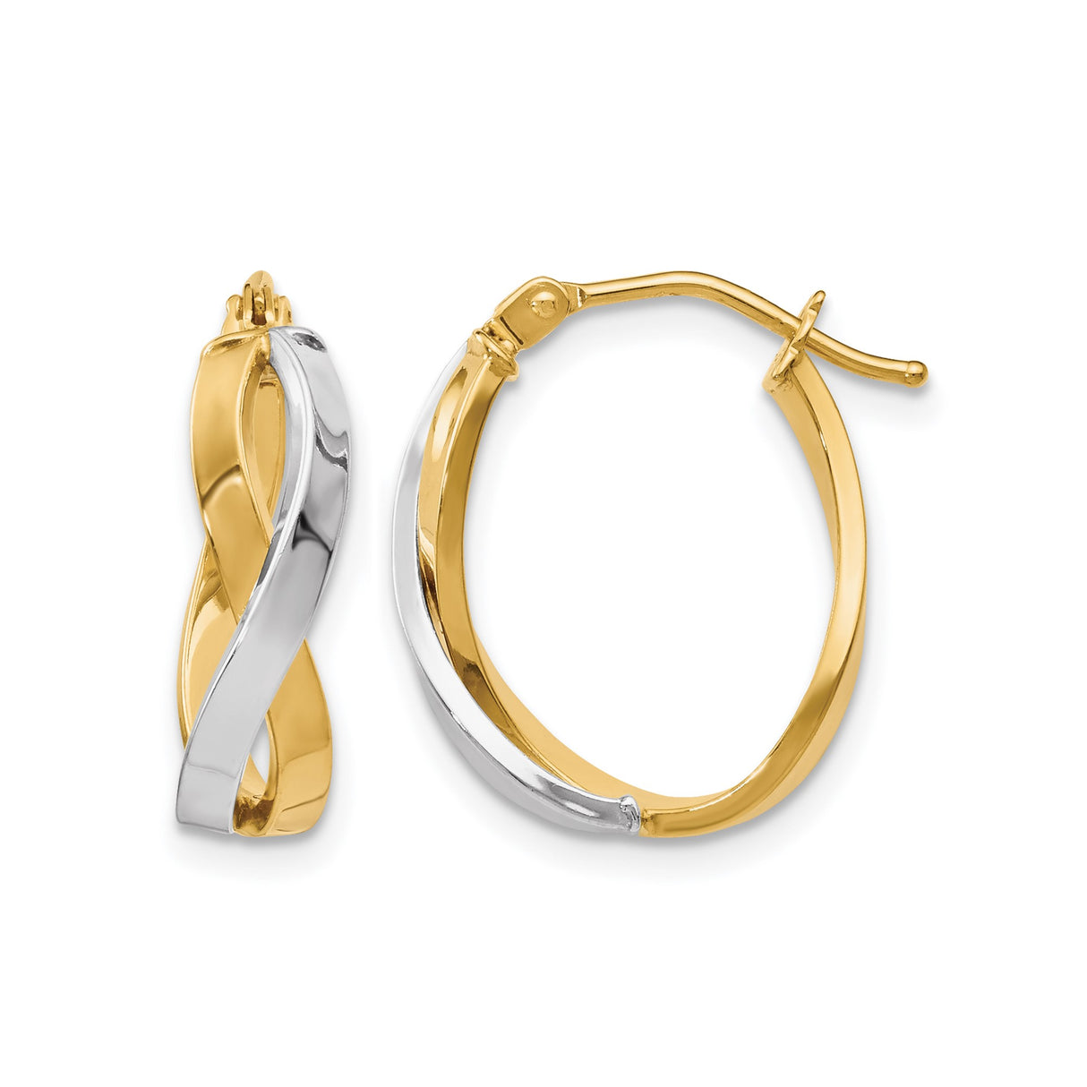 10k Yellow Gold Twisted Hoop Earrings, Two-Tone Infinity Design, Polished Finish