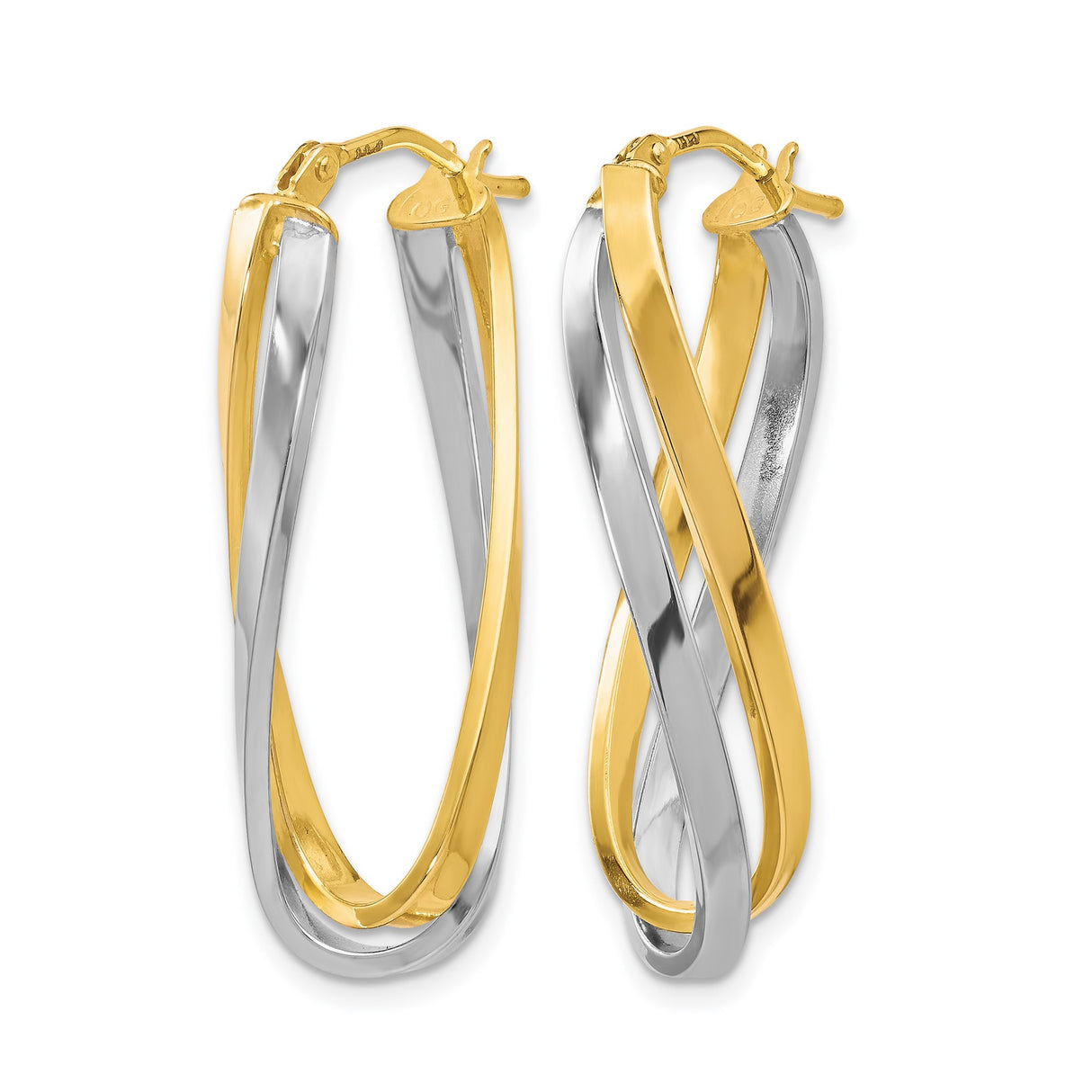 10k Yellow Gold Twisted Hoop Earrings, Two Tone Rhodium Plated Intertwined Design for Women