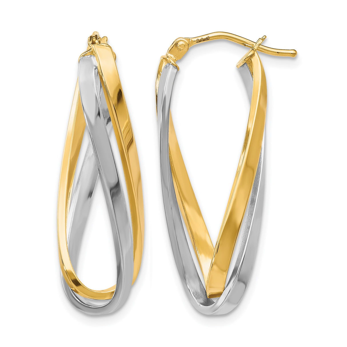 10k Yellow Gold Twisted Hoop Earrings, Two Tone Rhodium Plated Intertwined Design for Women