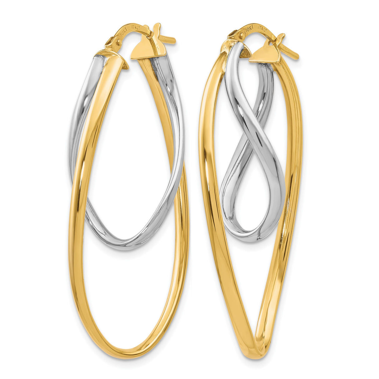 10k Two Tone Gold Twisted Oval Hoop Earrings, Italian Made Yellow and White Gold Jewelry