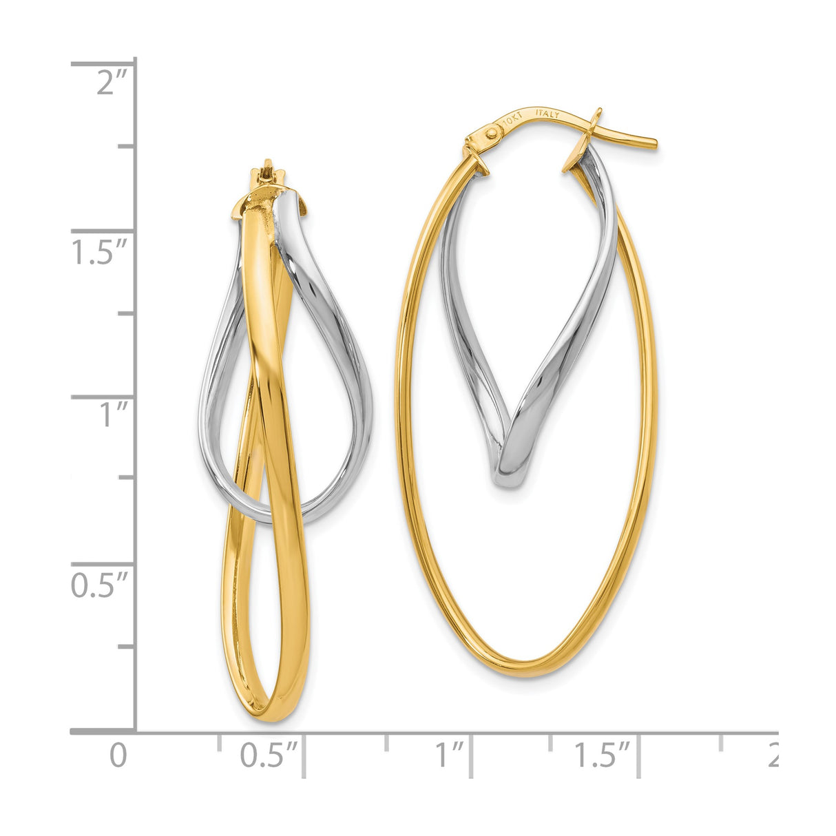 10k Two Tone Gold Twisted Oval Hoop Earrings, Italian Made Yellow and White Gold Jewelry