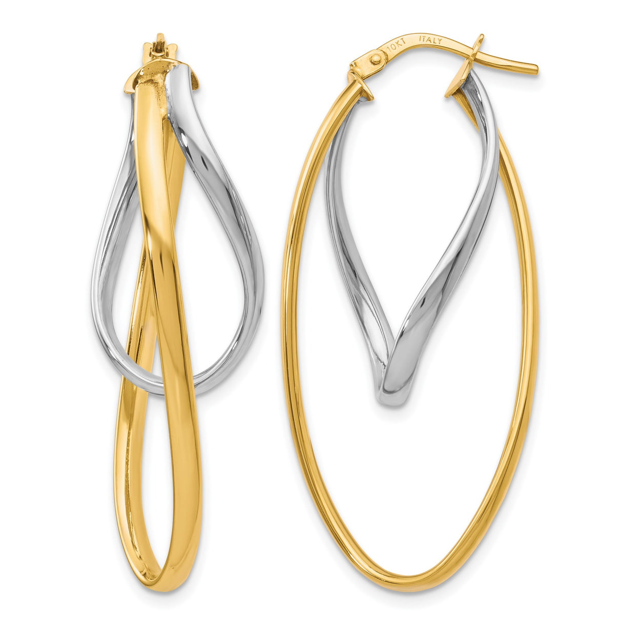 10k Two Tone Gold Twisted Oval Hoop Earrings, Italian Made Yellow and White Gold Jewelry