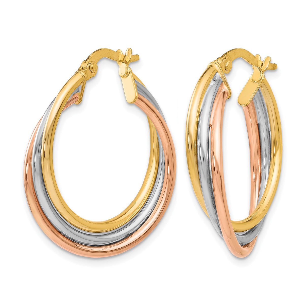 10k Tri Color Gold Hoop Earrings, Interwoven Yellow, White, and Rose Gold, Textured Polished Finish