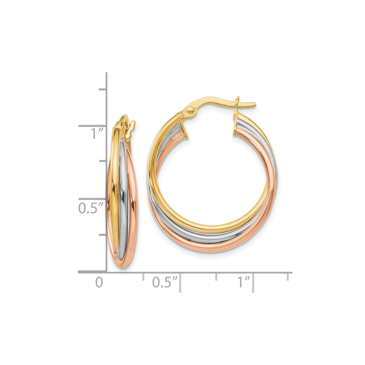 10k Tri Color Gold Hoop Earrings, Interwoven Yellow, White, and Rose Gold, Textured Polished Finish