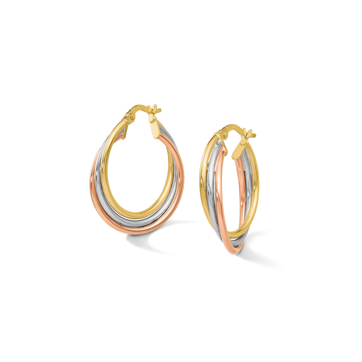 10k Tri Color Gold Hoop Earrings, Interwoven Yellow, White, and Rose Gold, Textured Polished Finish