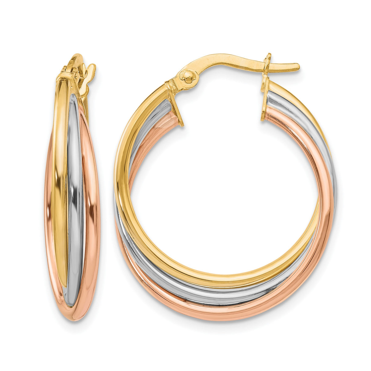 10k Tri Color Gold Hoop Earrings, Interwoven Yellow, White, and Rose Gold, Textured Polished Finish
