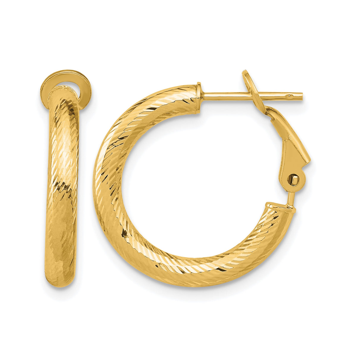 10k Yellow Gold Hoop Earrings, Diamond Cut Textured Finish, Latch Back Closure