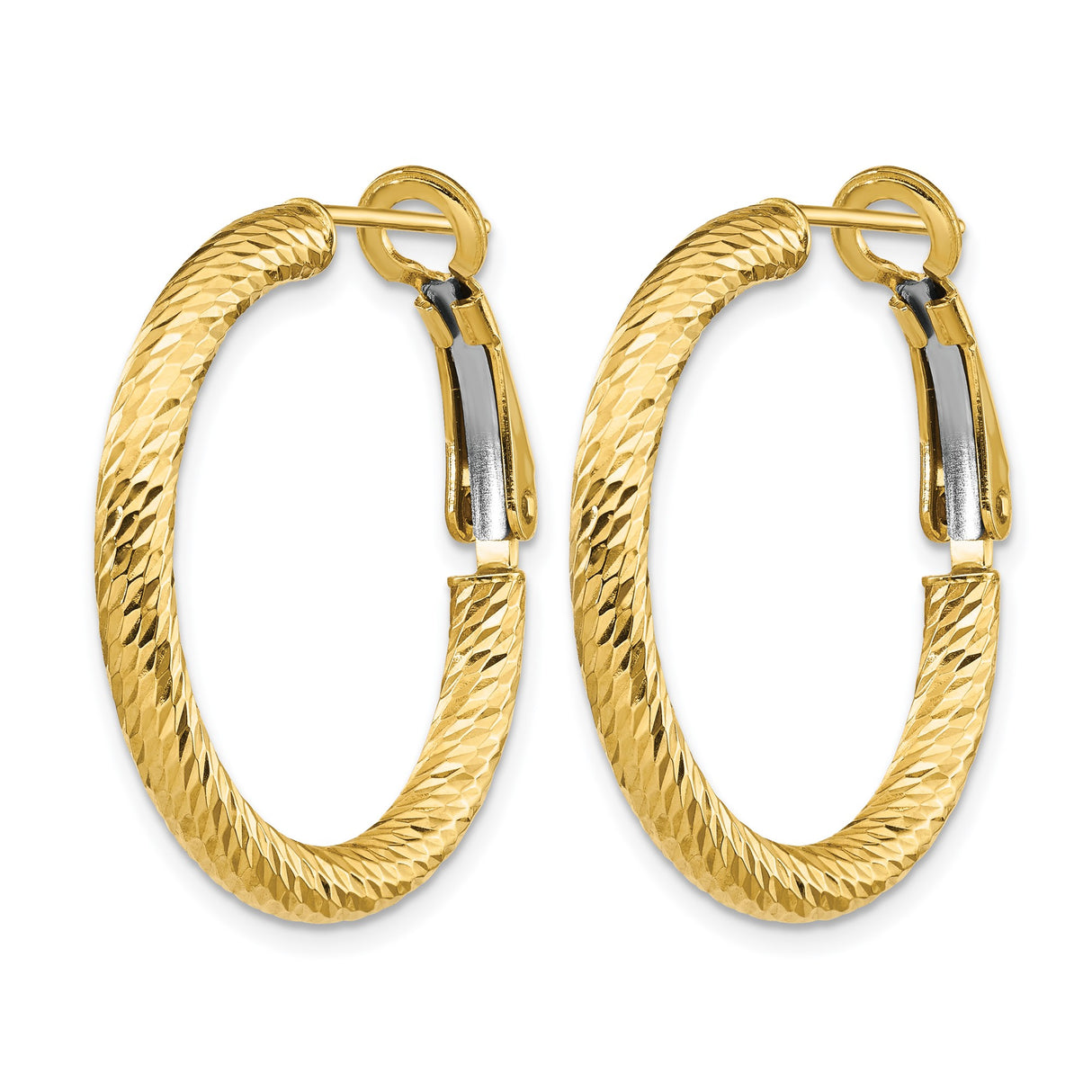 10k Yellow Gold Hoop Earrings, Diamond Cut Textured Round Design, Hinged Latch Back
