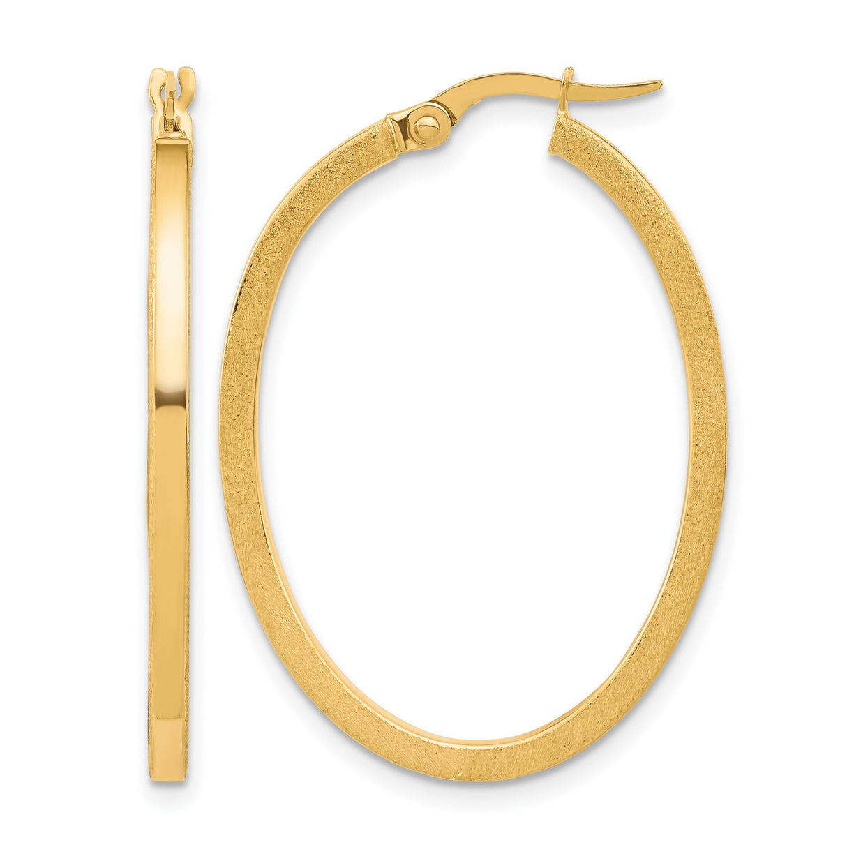10k Yellow Gold Oval Hoop Earrings with Flat Edge and Satin Finish for Women