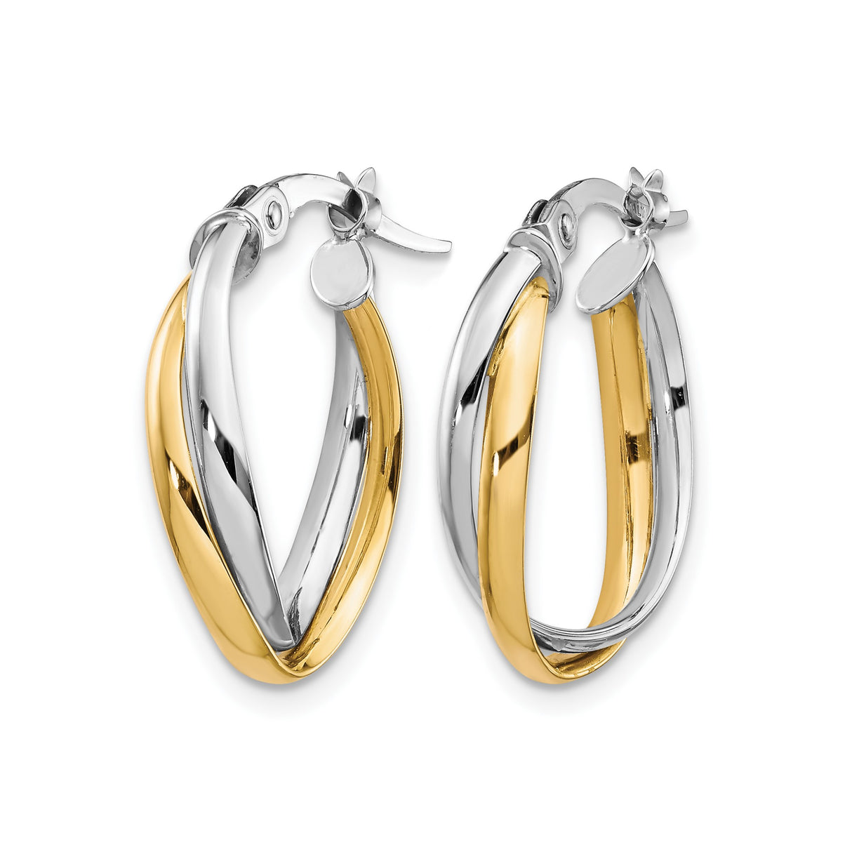 10k Yellow Gold Twisted Oval Hoop Earrings, Two-Tone Interwoven Design, Polished Finish