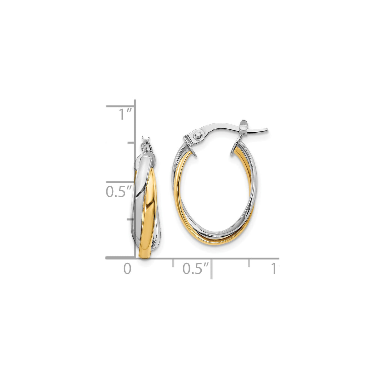 10k Yellow Gold Twisted Oval Hoop Earrings, Two-Tone Interwoven Design, Polished Finish