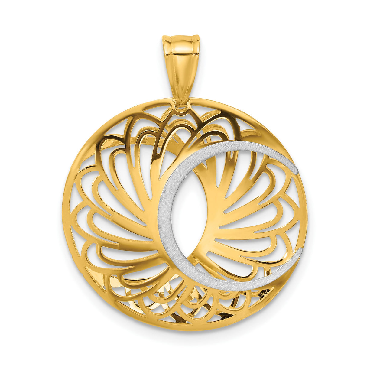 10k Two Tone Gold Pendant with Openwork Floral Design and Crescent Moon