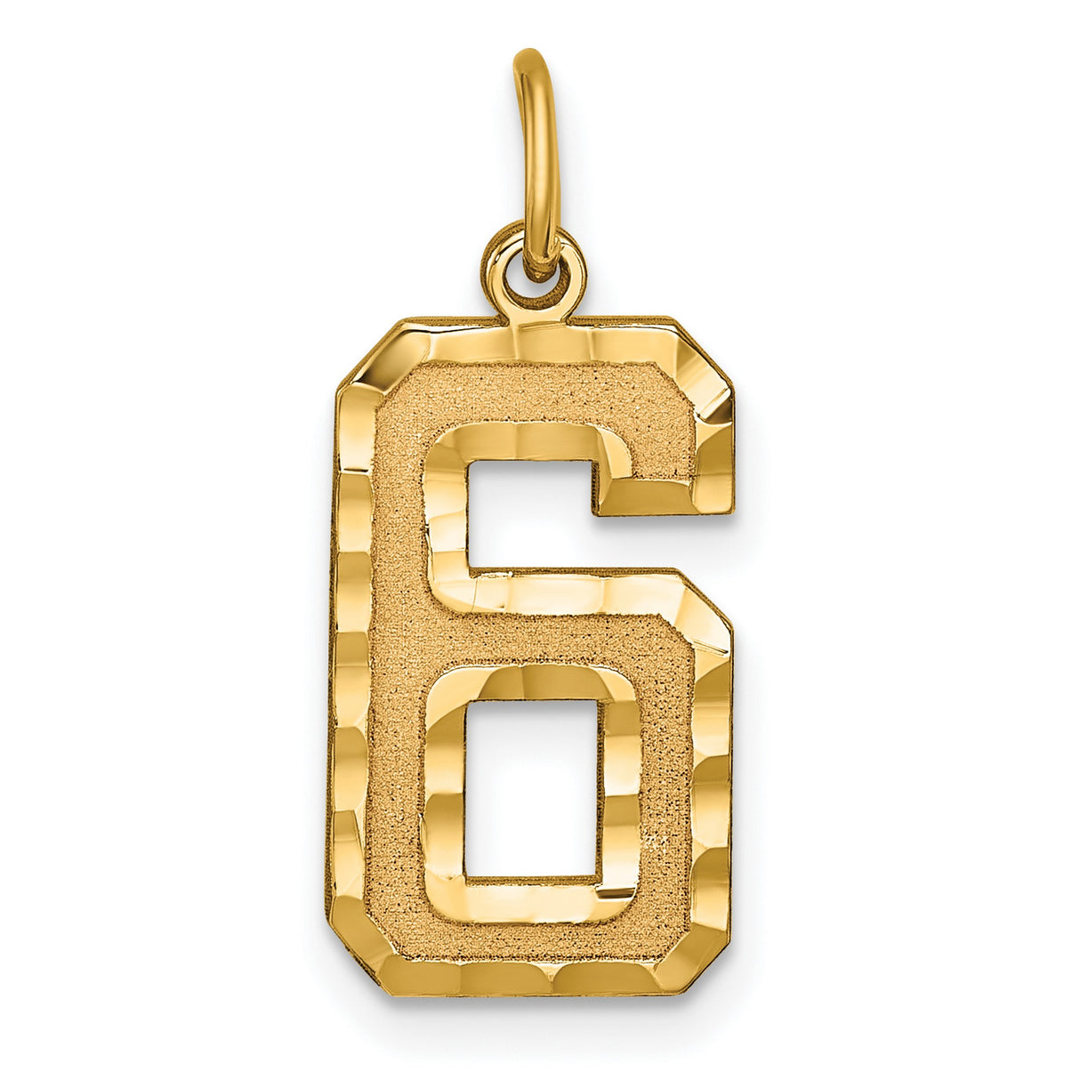10k Yellow Gold Number 6 Pendant with Textured Interior and Polished Edges, Unisex Sports Charm
