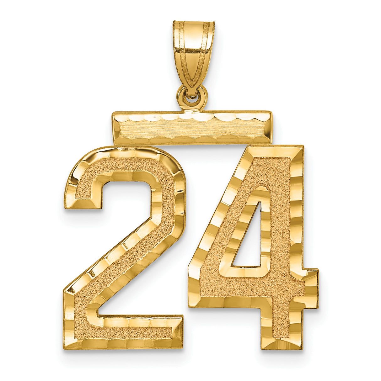 10k Yellow Gold Pendant, Number 24 Sports Charm with Textured Finish and Polished Edges, Unisex
