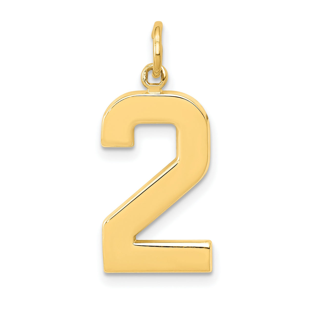 10k Yellow Gold Number 2 Pendant Charm, Polished Block Style, Unisex Modern Design