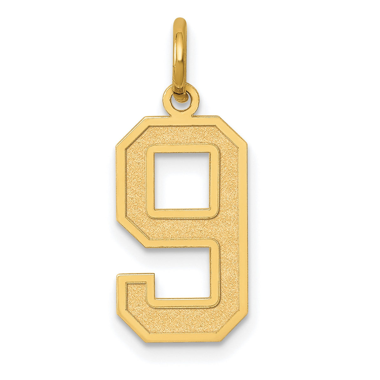 10k Yellow Gold Number 9 Pendant, Textured Block Style Numerology Charm, Unisex Jewelry