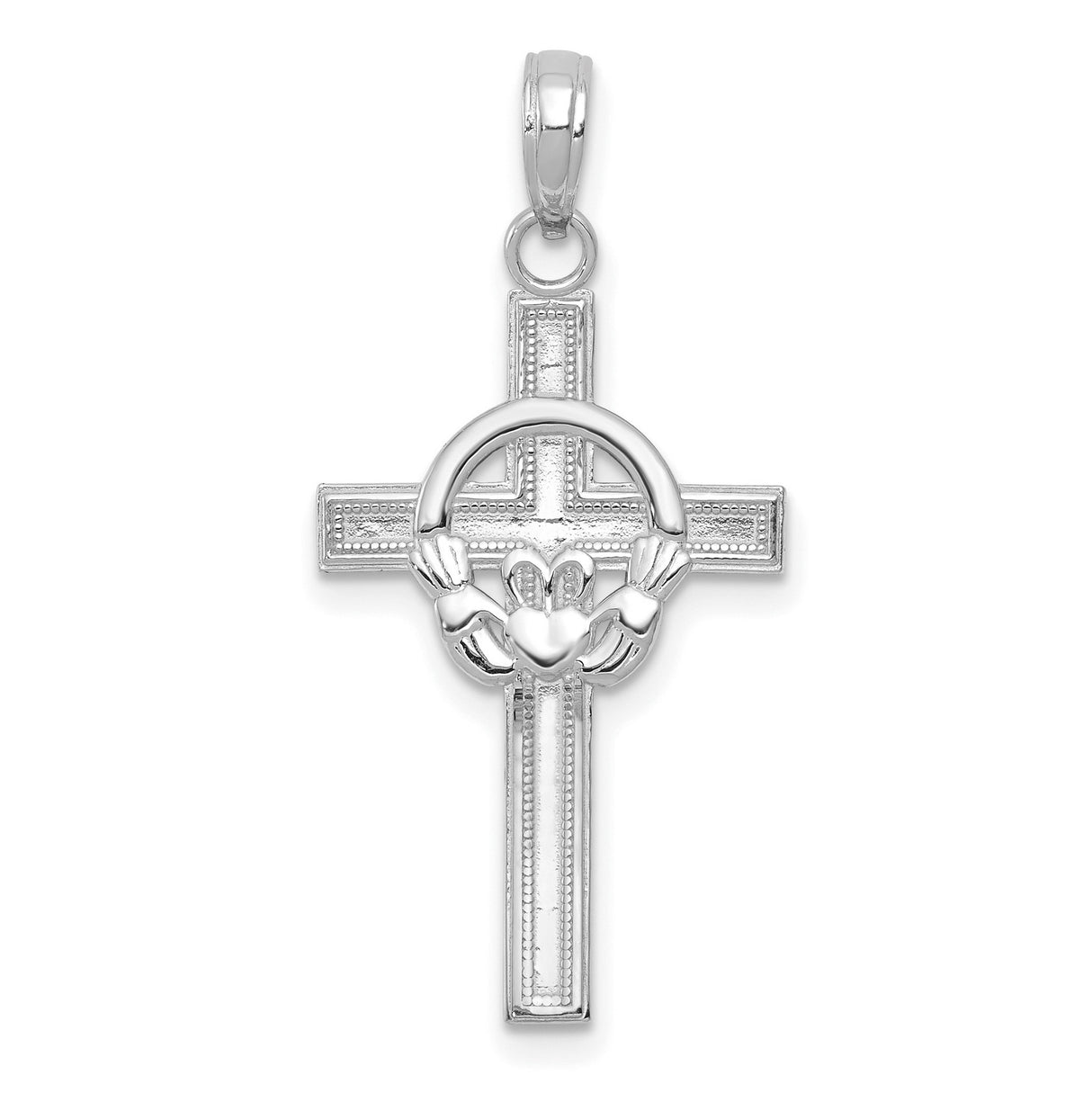 10k White Gold Claddagh Cross Pendant with Satin Latin Cross Design