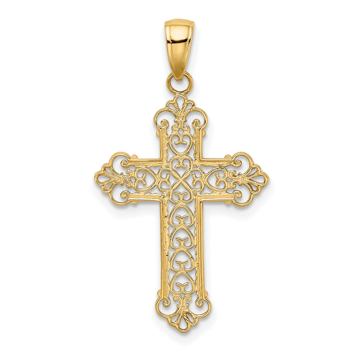 10k Yellow Gold Cross Pendant with Lace Pattern, Filigree Design, and Scrolling Heart Motif