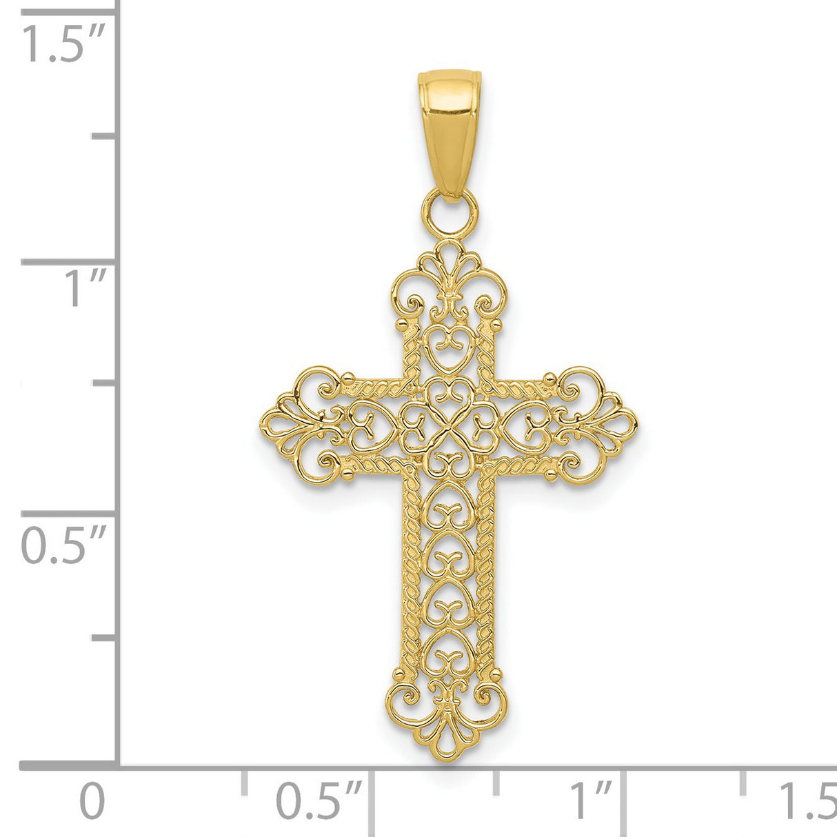 10k Yellow Gold Cross Pendant with Lace Pattern, Filigree Design, and Scrolling Heart Motif
